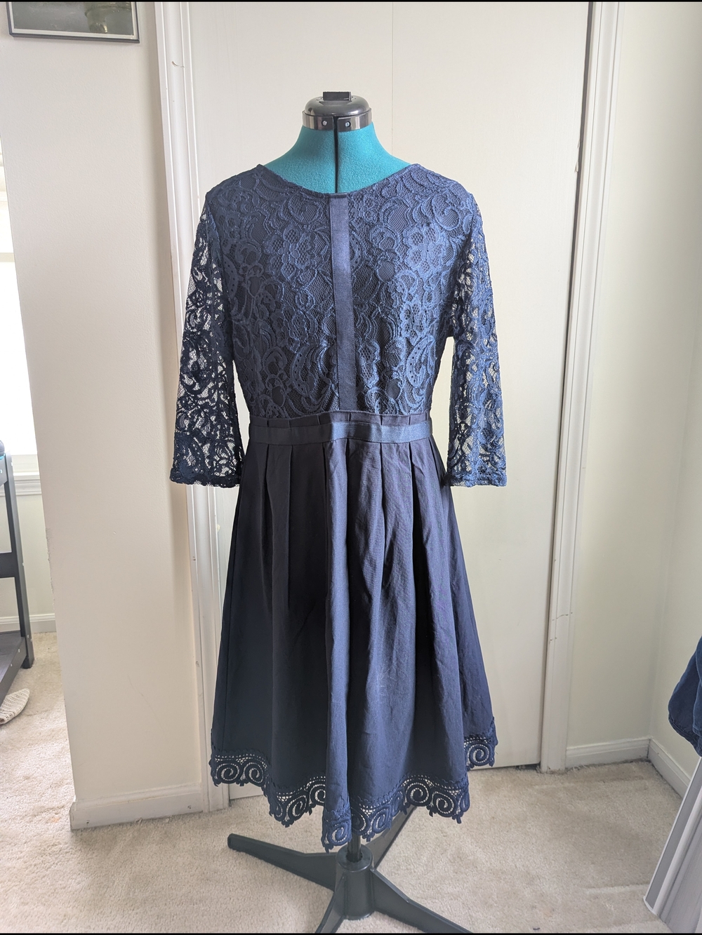 Miusol Navy Blue Lace Fit-and-Flare Dress